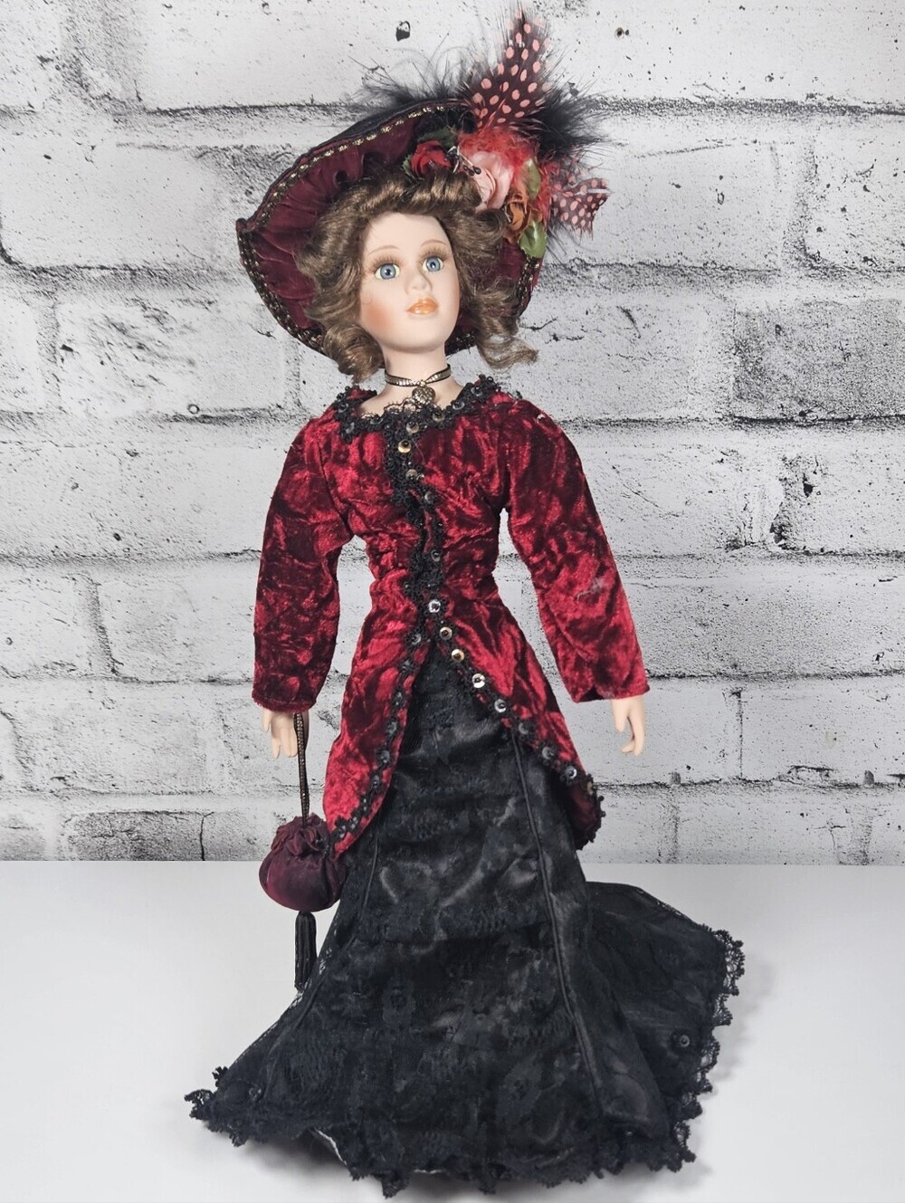 Vintage Victorian Style Porcelain Doll Red Velvet Black Lace 18 Inch